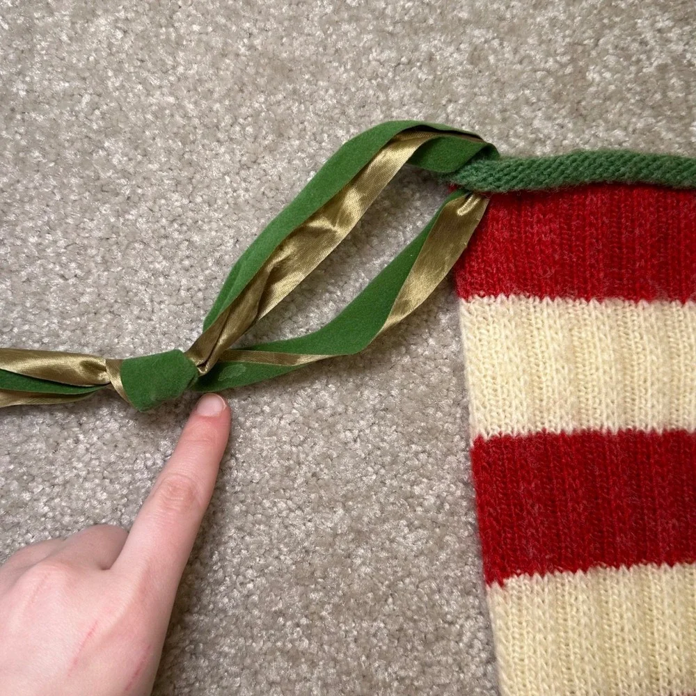 Hand Knit Christmas Stocking Red Cream Green Stripe‎ Hanging Loop Wool